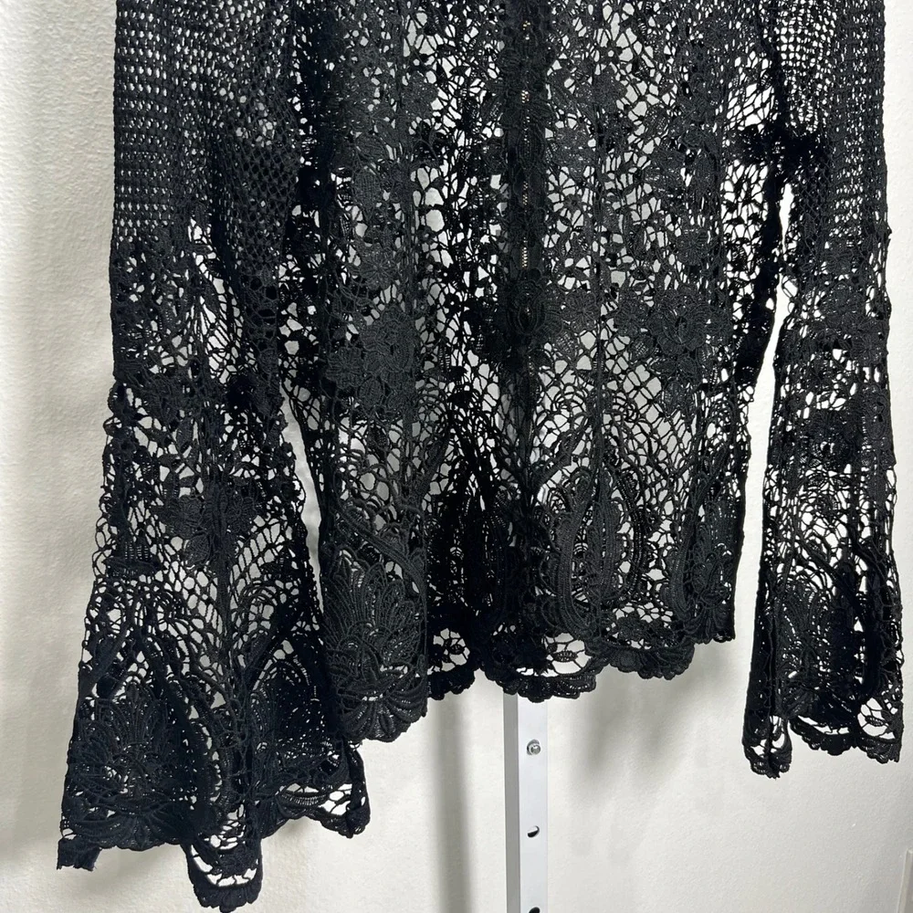 Crochet Grunge‎ Lace Top Black Floral Sheer Bell Sleeve M Dark Fairy Whimsigoth - Picture 12 of 13